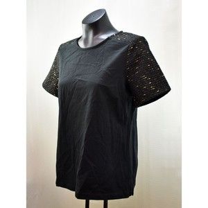 J Crew Black Knit Top Gold Metallic Trim Short Sleeves Back Zipper Women's S